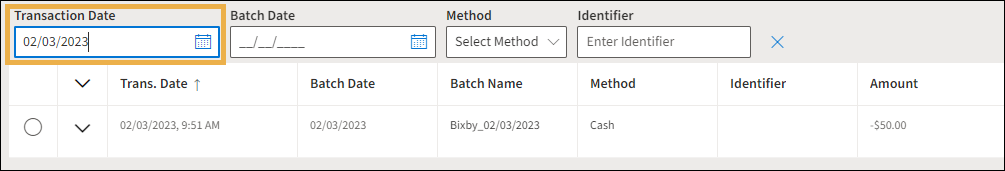 Payment History with yellow highlight box around the Transaction Date and showing list of item for selected date.